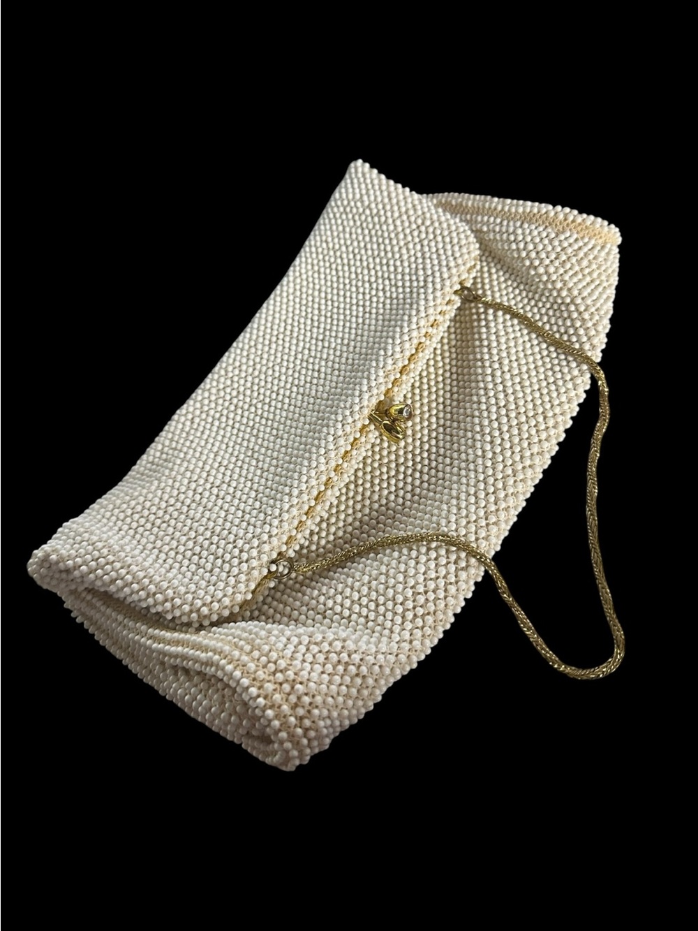 Pearl Beaded Cream Evening Clutch with Gold Chain